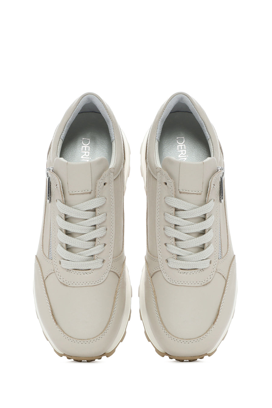 Kadın Bej Bağcıklı Yandan Fermuarlı Deri Sneaker