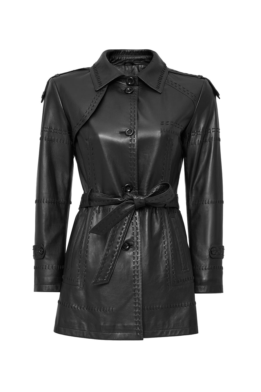 Annamaria Women's Black Belt Detailed Regular Leather Trench Coat