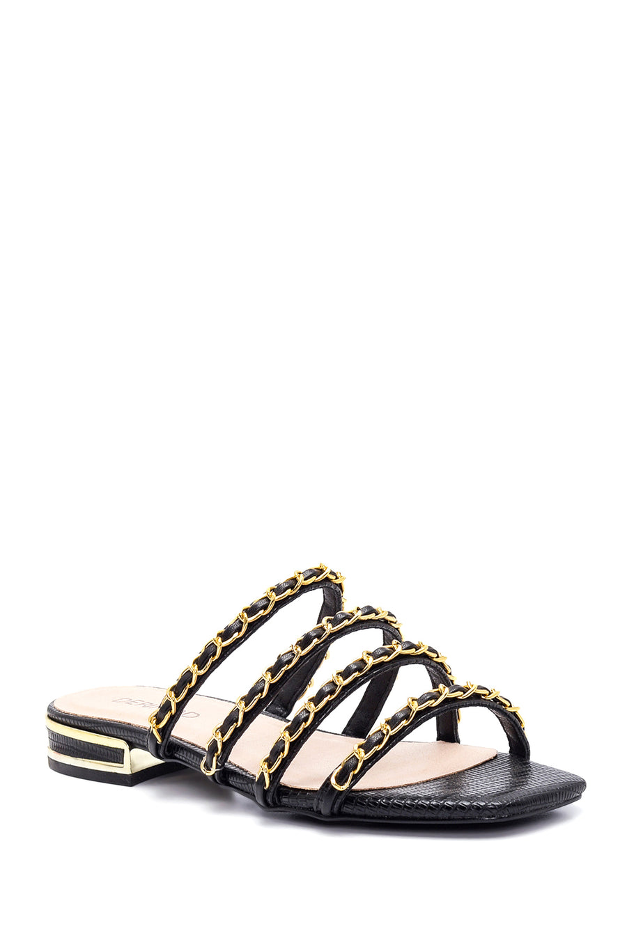 Women's Black Chain Detailed Flat Slippers
