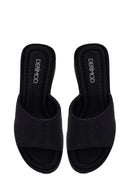 Woman Black Stone-Embellished Wedge-Heel Fabric Slipper | Derimod