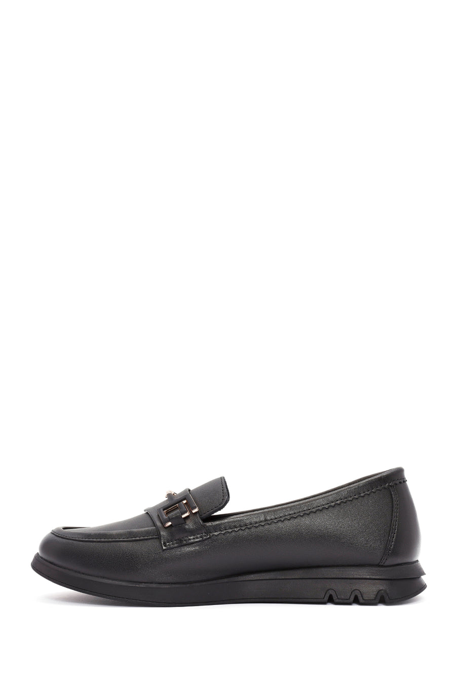 Woman Black Buckle Detail Leather Comfort Loafer