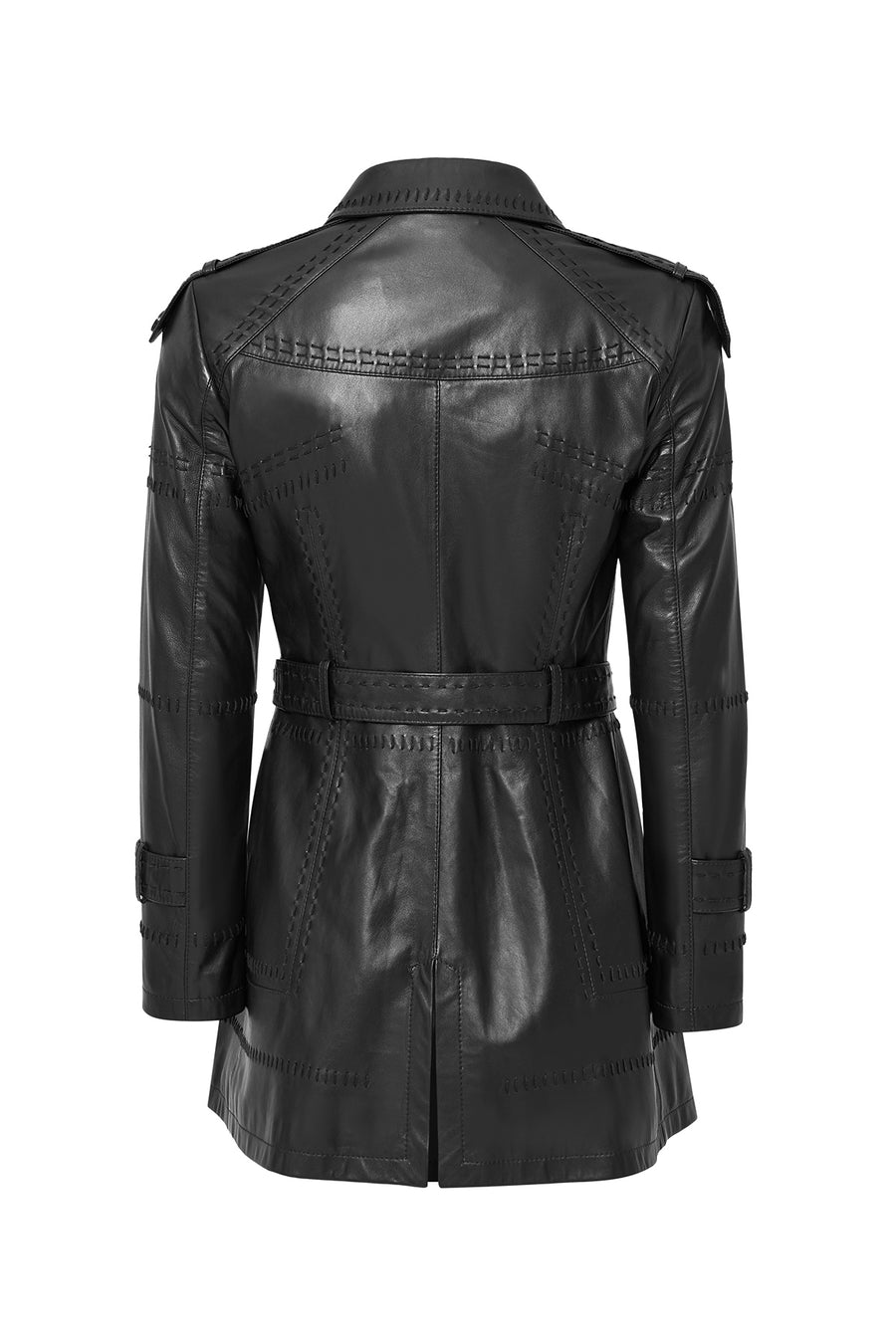 Annamaria Women's Black Belt Detailed Regular Leather Trench Coat