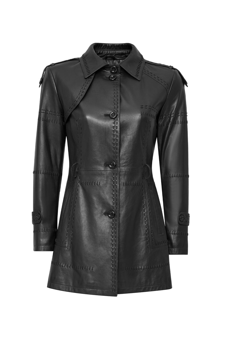 Annamaria Women's Black Belt Detailed Regular Leather Trench Coat