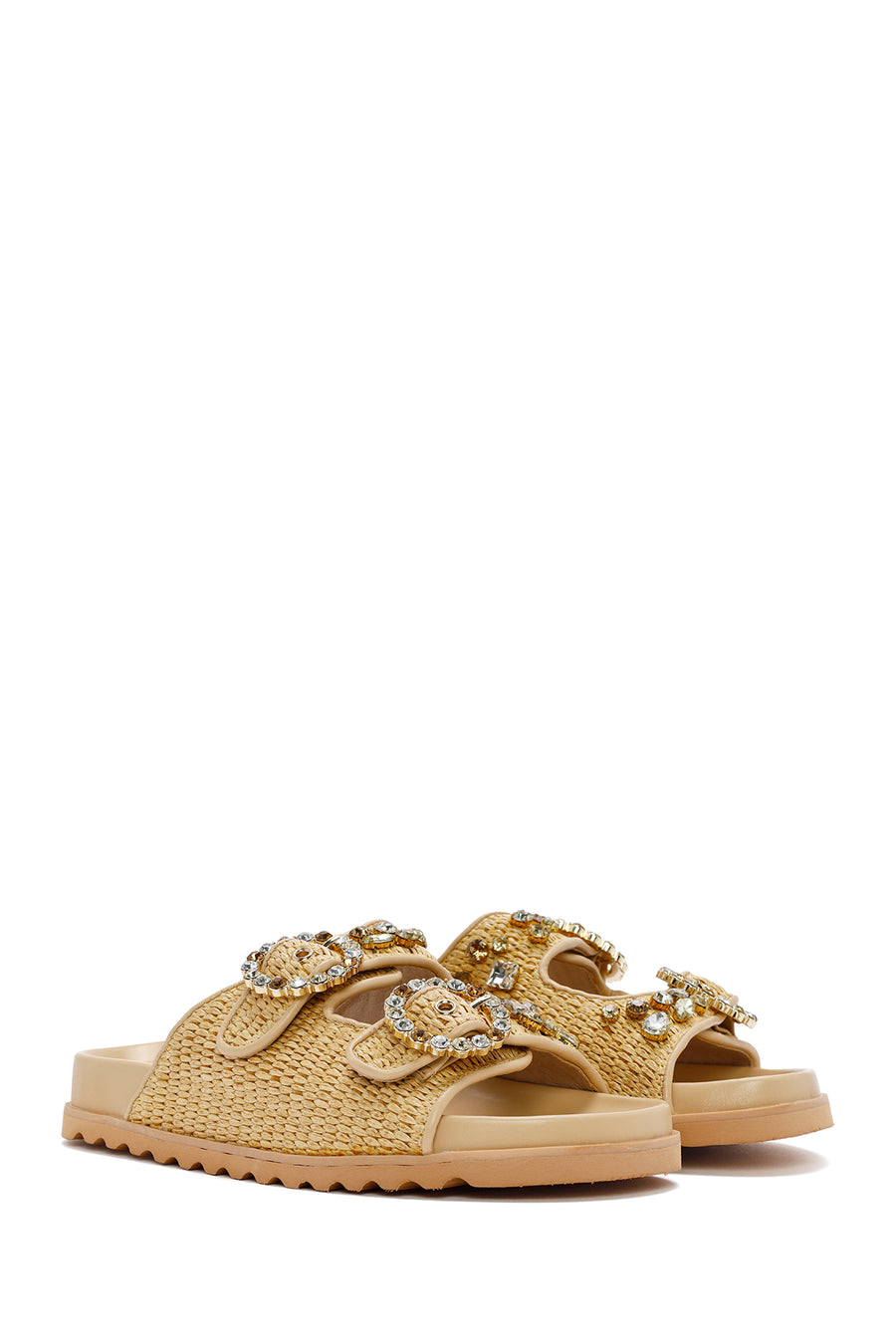 Women's Beige Straw Stone Slippers