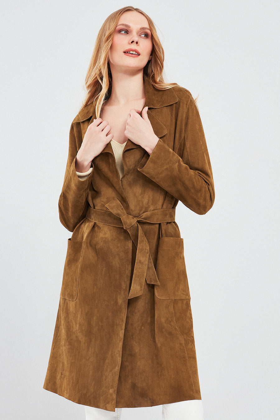 Sardinia Women's Camel Suede Leather Trench Coat 24SGD518010 | Derimod