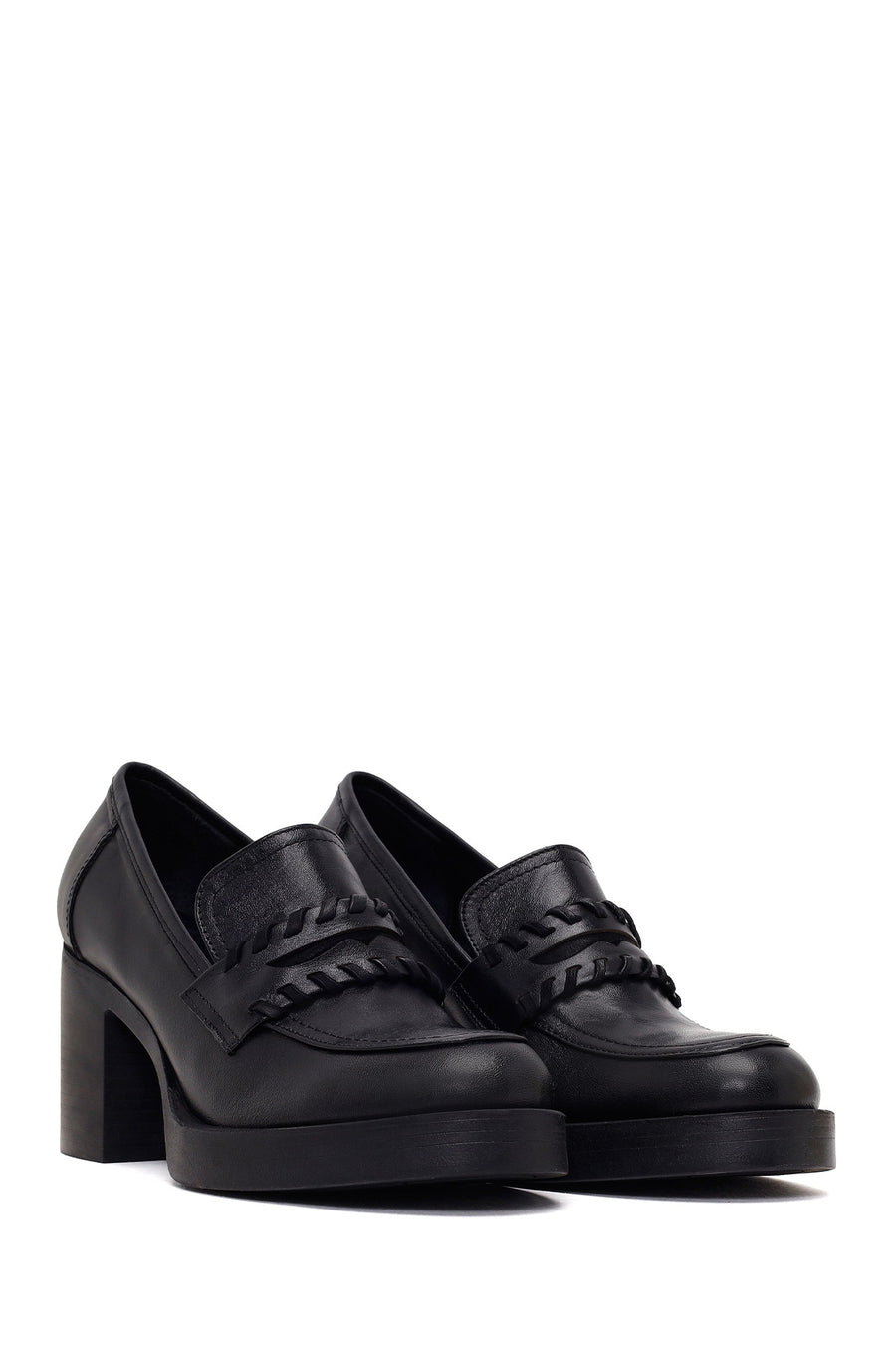 Woman Black Thick-Heeled Leather Loafer