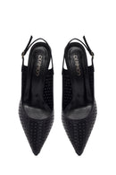 Women's Black Ankle Buckle Printed Thin Heel Open Back Leather Shoes | Derimod