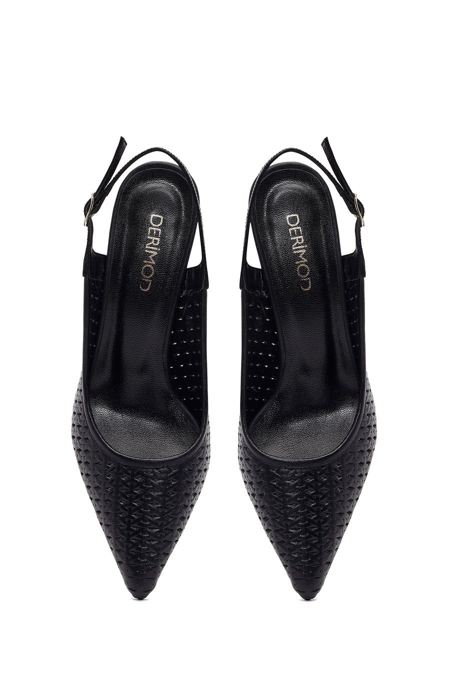 Women's Black Ankle Buckle Printed Thin Heel Open Back Leather Shoes