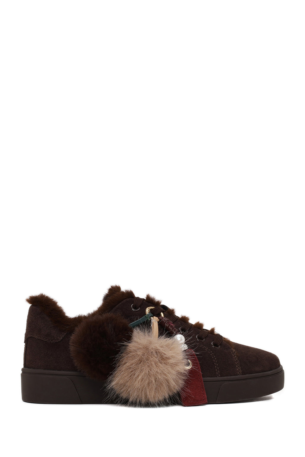Kadın Kahverengi Bağcıklı Charmlı Süet Deri Teddy Sneaker