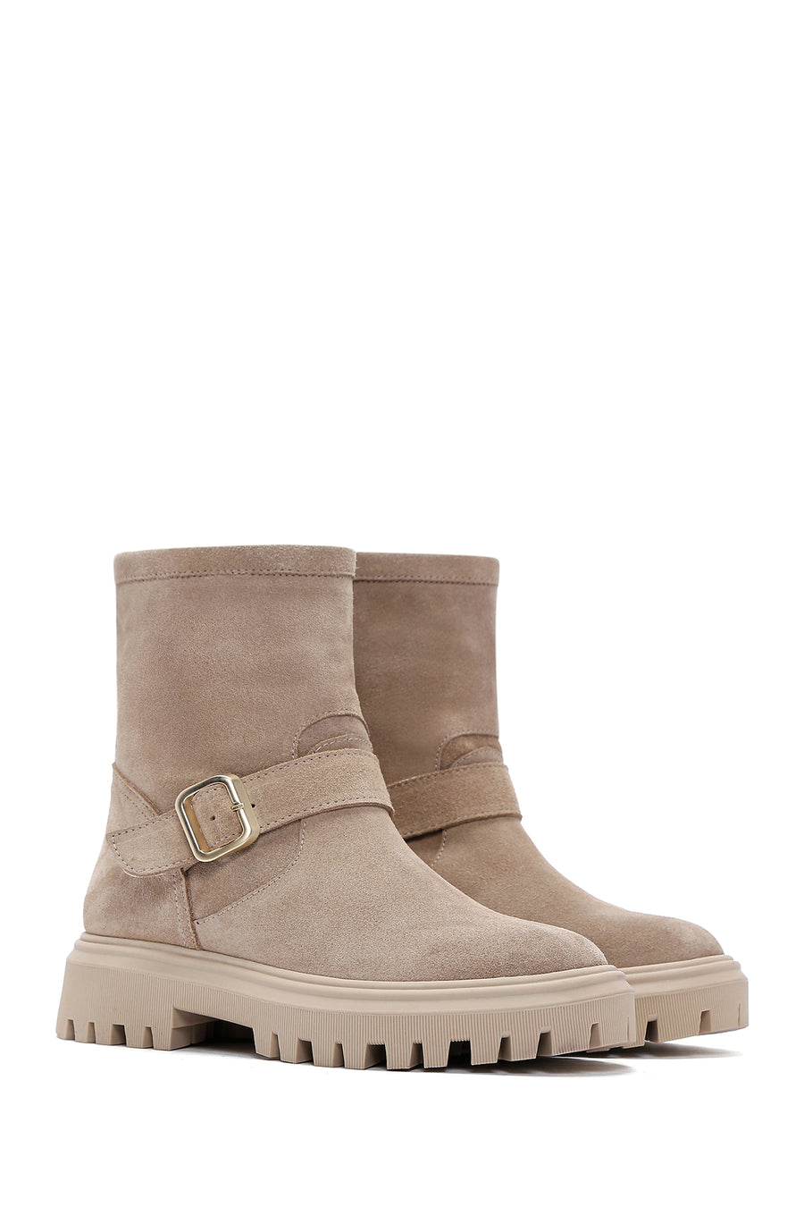 Women's Beige Suede Leather Buckle Boots