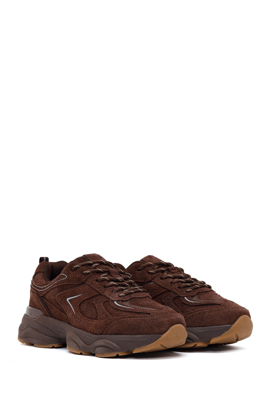 Woman Brown Lace-Up Thick-Soled Suede Leather Sneaker