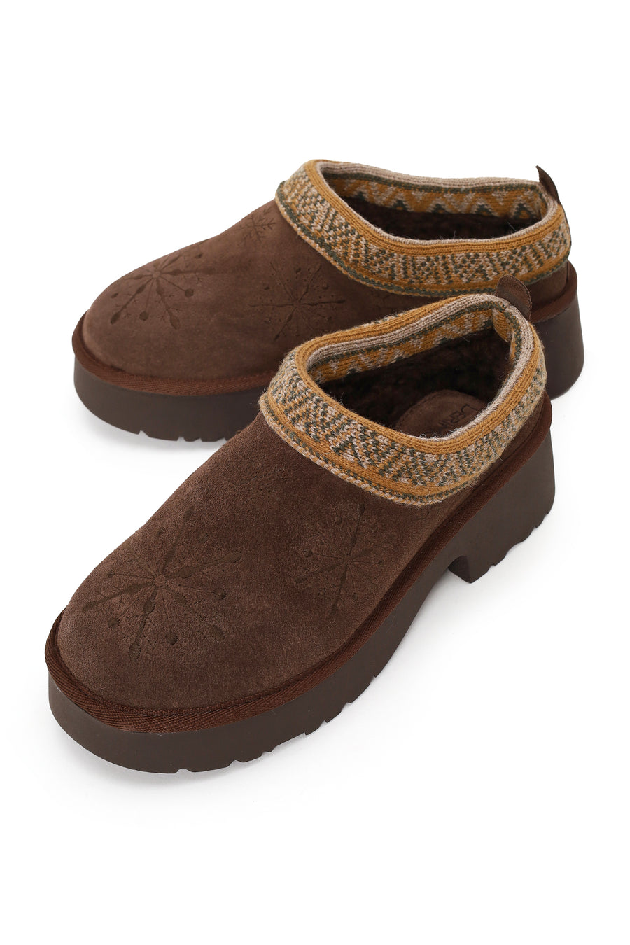 Woman Brown Patterned Chunky Heeled Suede Teddy Slipper