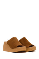 Woman Tan Wedge-Heel Suede Leather Slippers | Derimod