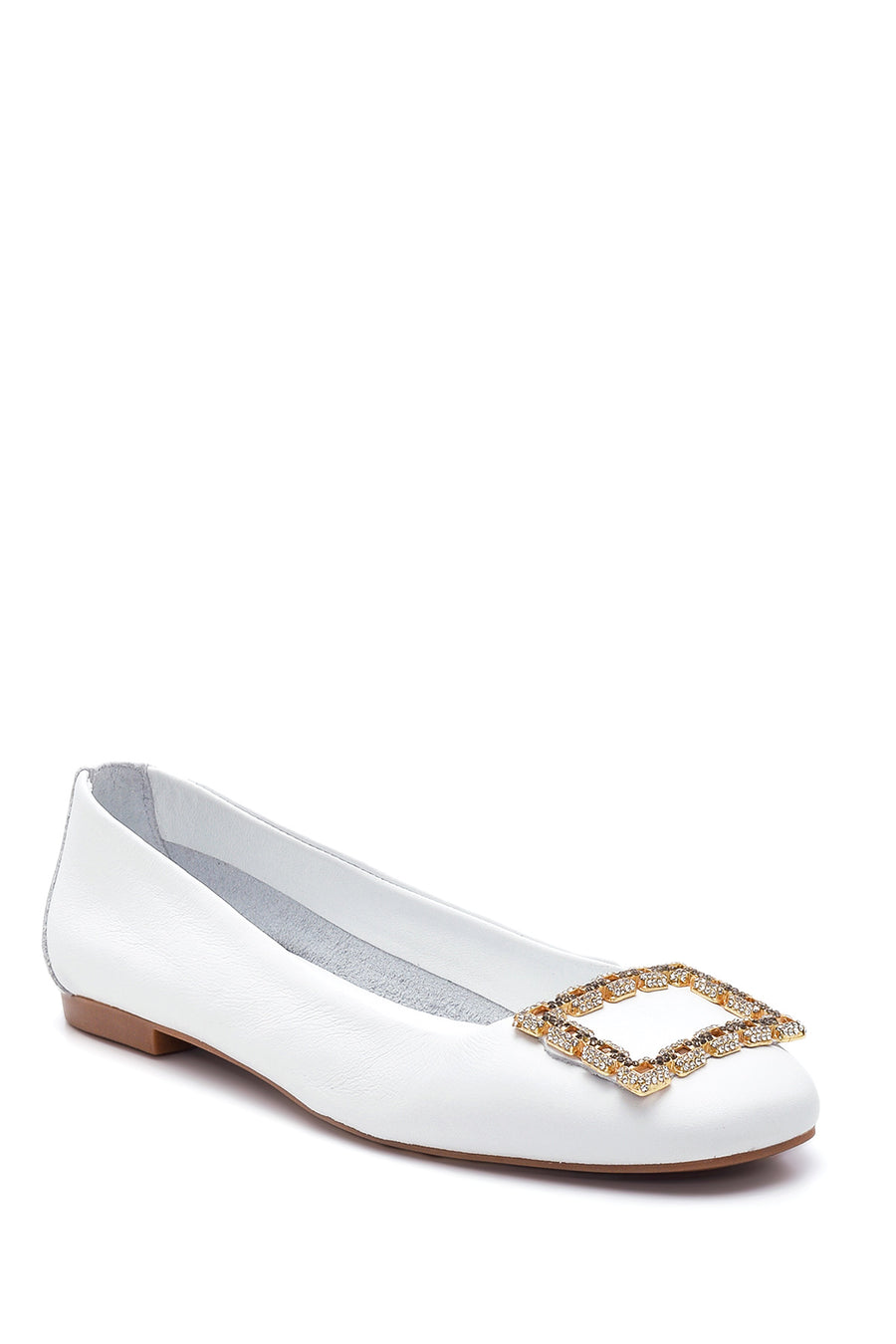 Women's White Leather Ballerinas with Stone Buckle