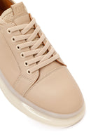 Men's Beige Lace-Up Thick-Sole Leather Sneaker | Derimod