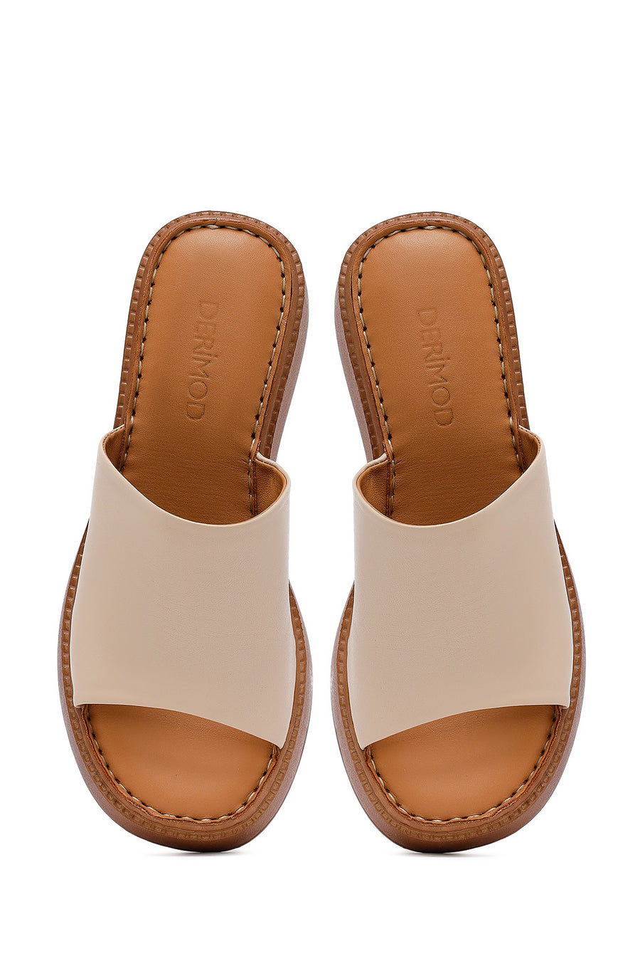 Kadın Bej Dolgu Topuklu Deri Konfor Terlik