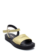 Women's Mint Green Leather Flat Sandals | Derimod