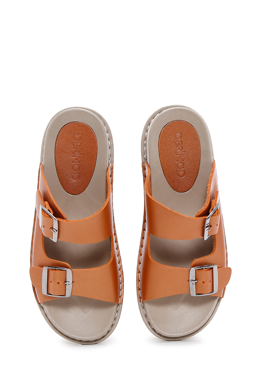 Women's Orange Double Buckled Leather Comfort Slippers
