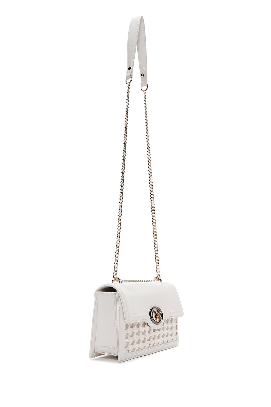 Woman White Chain Strap Braided Crossbody Bag