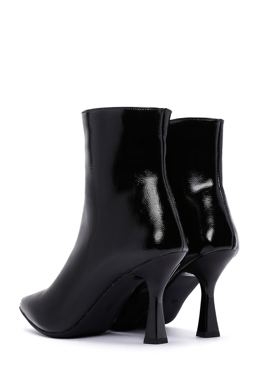 Women's Black Zippered Thin Heel Patent Leather Boots