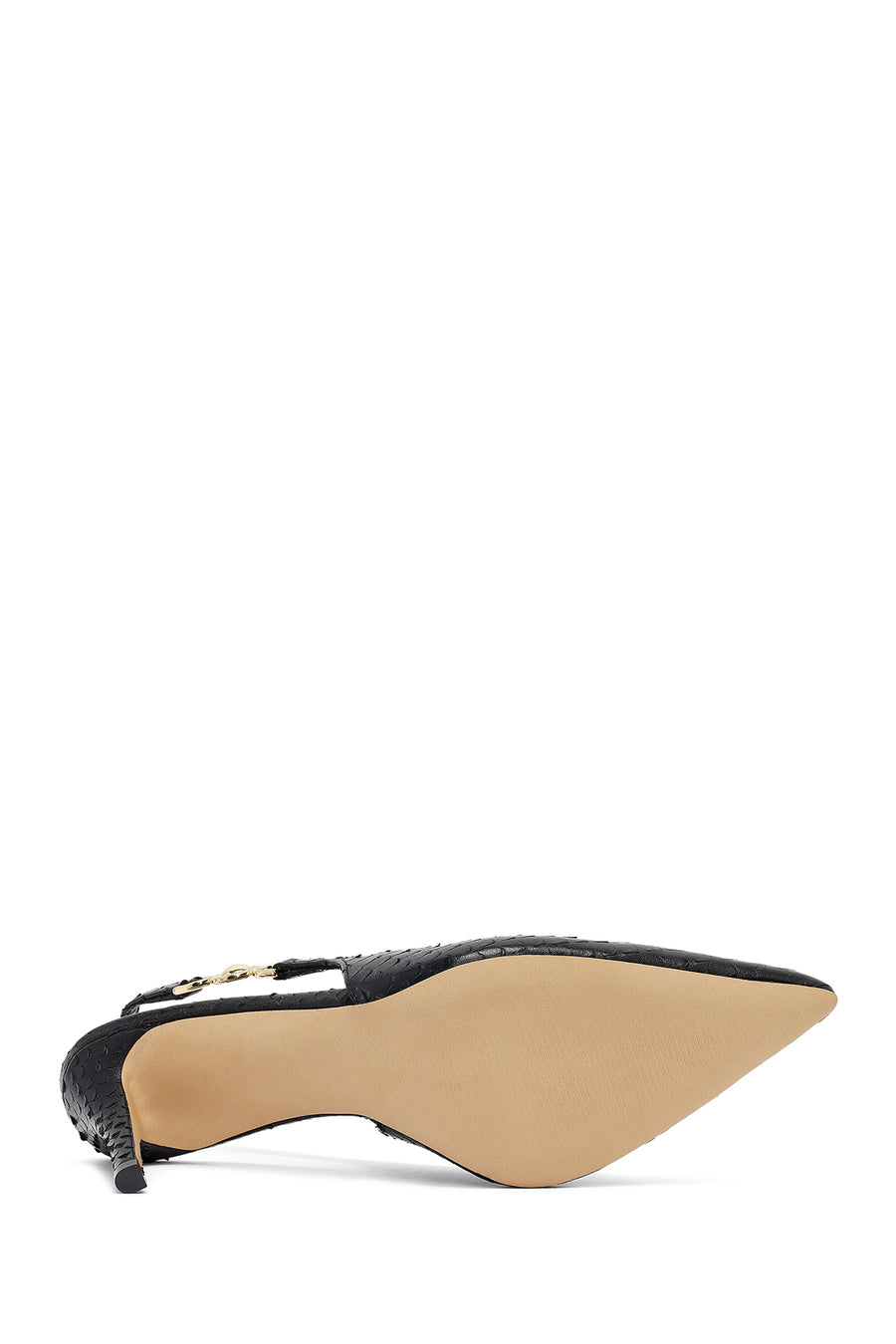 Woman Black Buckled Open Back Patterned Thin Heel Leather Shoe