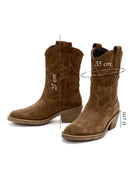 Woman Mink Suede Low Chunky Heel Leather Cowboy Boots | Derimod