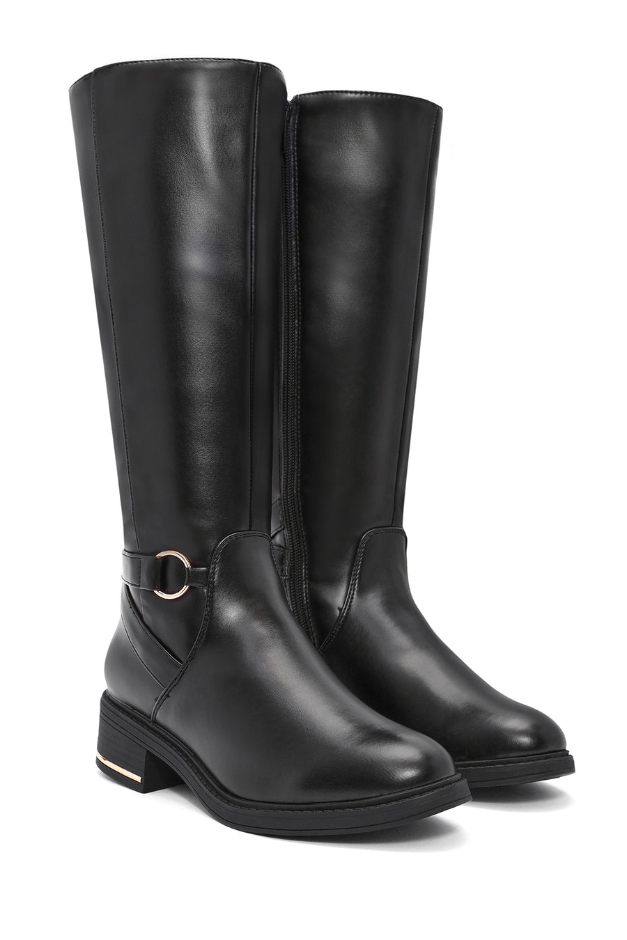 Woman Black Zip Closure Buckle Detailed Boots