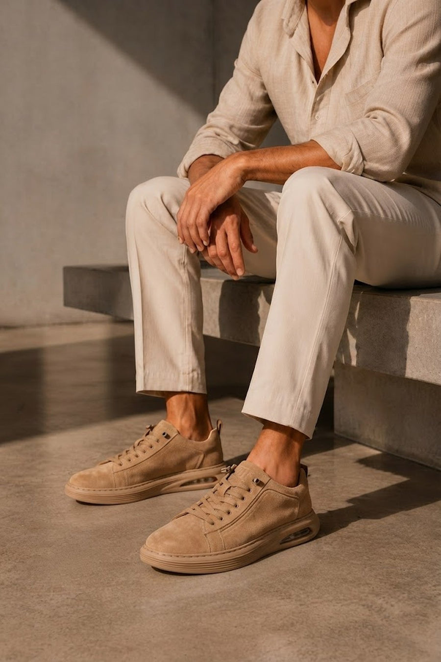 Erkek Bej Bağcıklı Süet Deri Sneaker