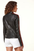 Ladyracer Women's Black Embroidered Sports Leather Coat | Derimod