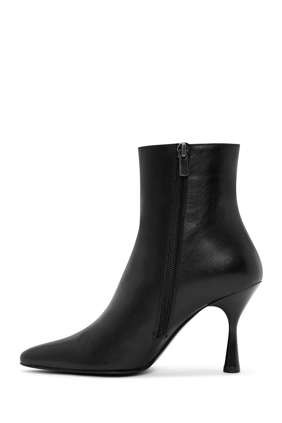 Women's Black Zippered Thin Heeled Leather Boots