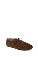 Woman Brown Double-Strap Suede Leather Ballet Flat | Derimod
