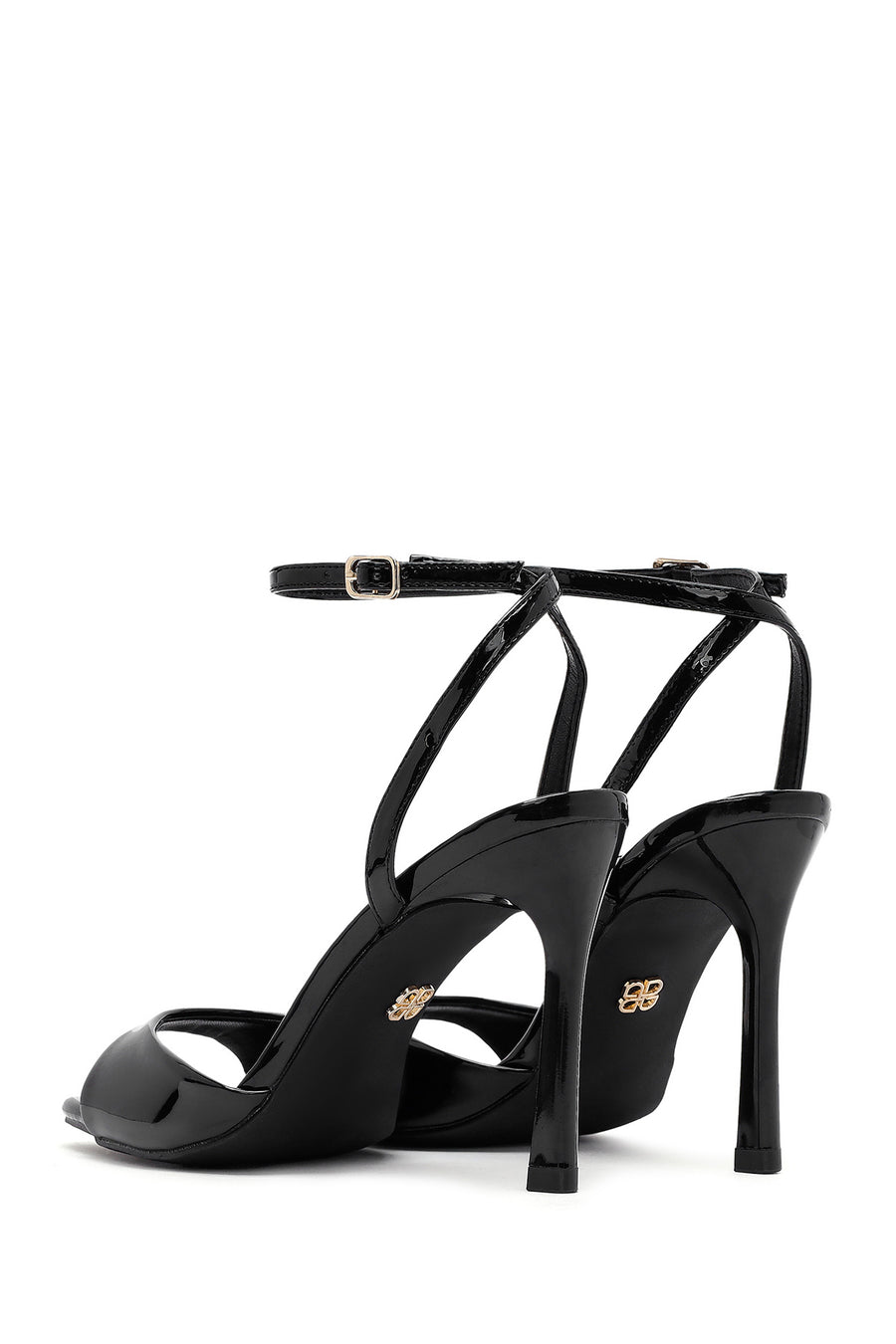 Women's Black Ankle Buckle High Thin Heel Patent Leather Sandals