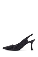 Women's Black Ankle Buckle Printed Thin Heel Open Back Leather Shoes | Derimod