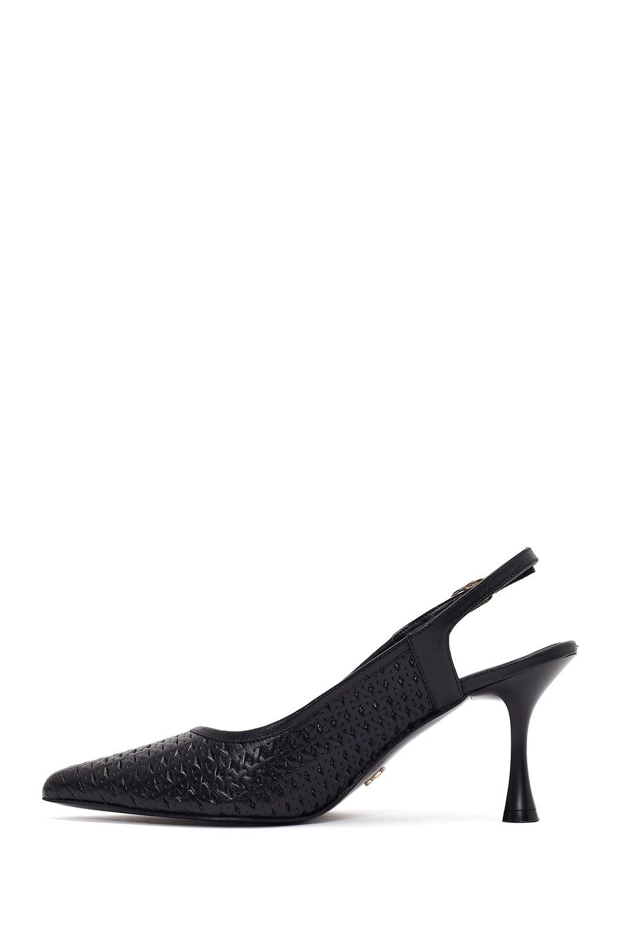 Women's Black Ankle Buckle Printed Thin Heel Open Back Leather Shoes