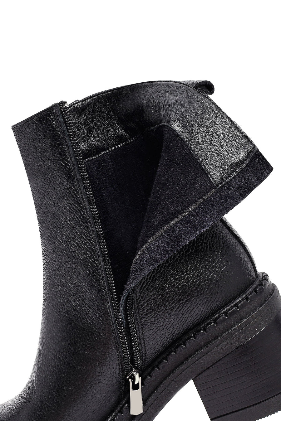 Woman Black Zip Closure Platform Thick-heeled Leather Boots