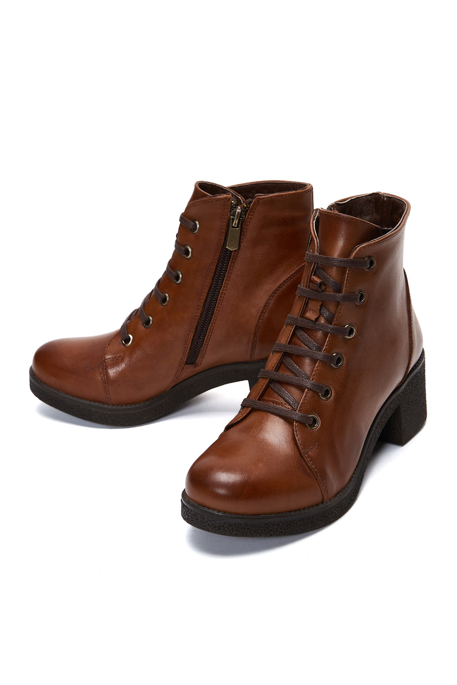 Woman Tan Zippered Chunky Heel Leather Casual Boots