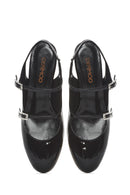 Women's Black Double Buckled Open Back Thick Heel Patent Leather Shoes | Derimod