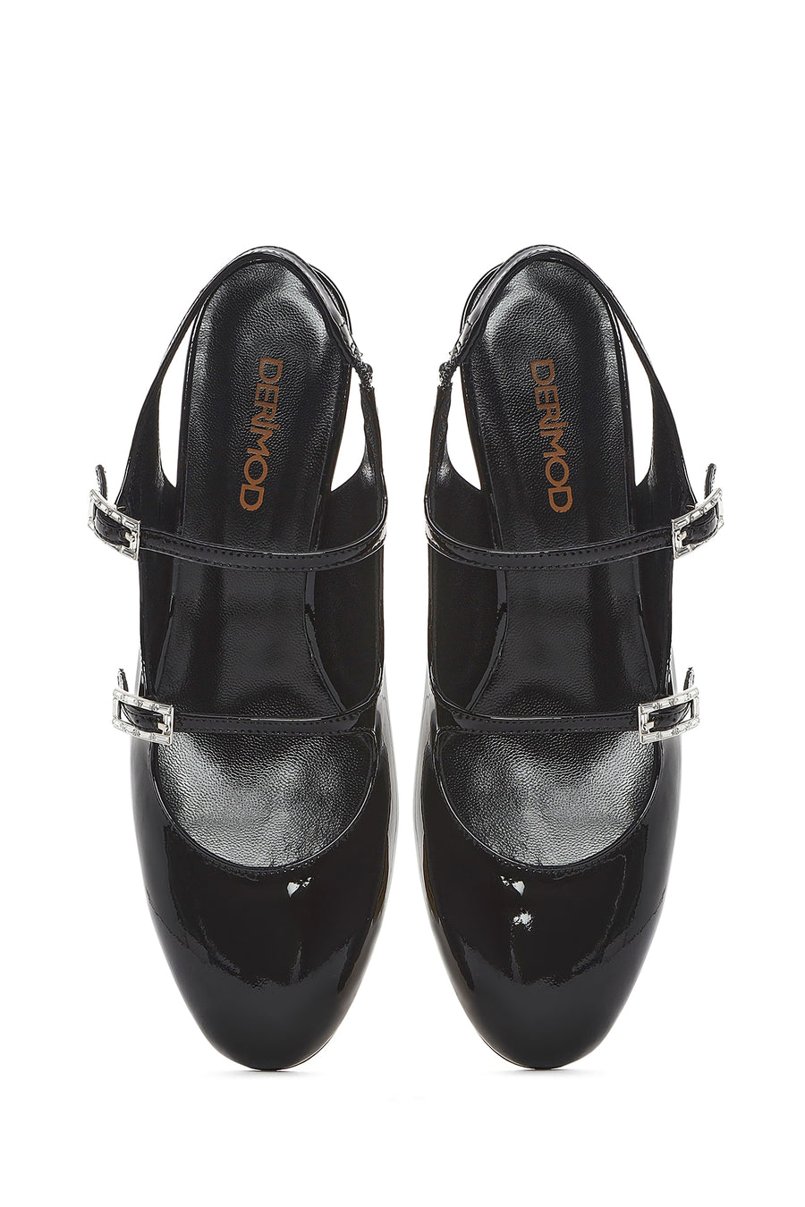 Women's Black Double Buckled Open Back Thick Heel Patent Leather Shoes