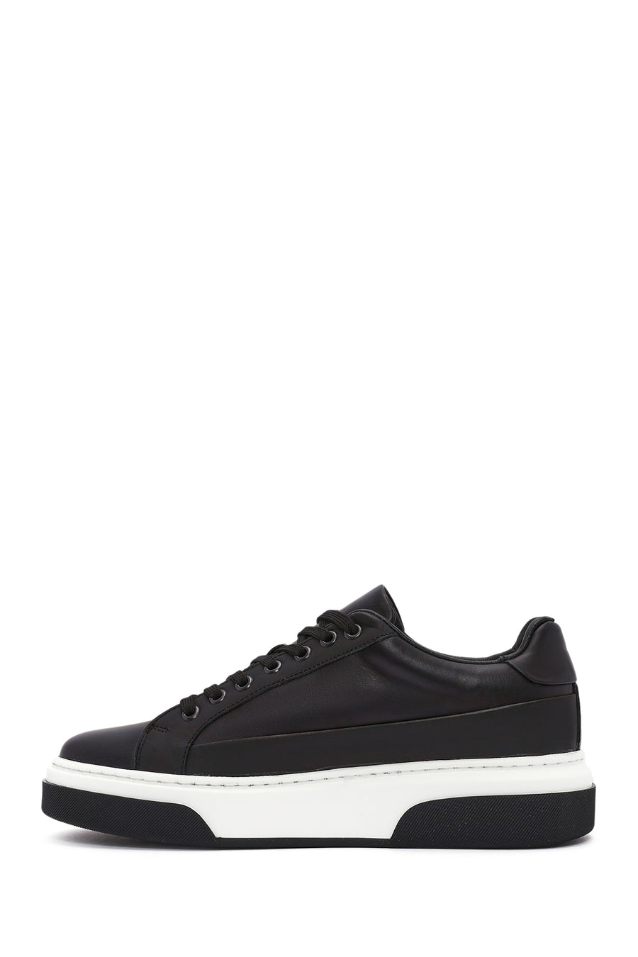 Erkek Siyah Bağcıklı Kalın Tabanlı Deri Sneaker