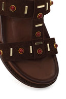 Woman Brown Stone-Embellished Suede Leather Sandals | Derimod