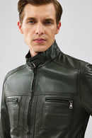 Wade Men's Khaki Slim-Fit Leather Coat | Derimod