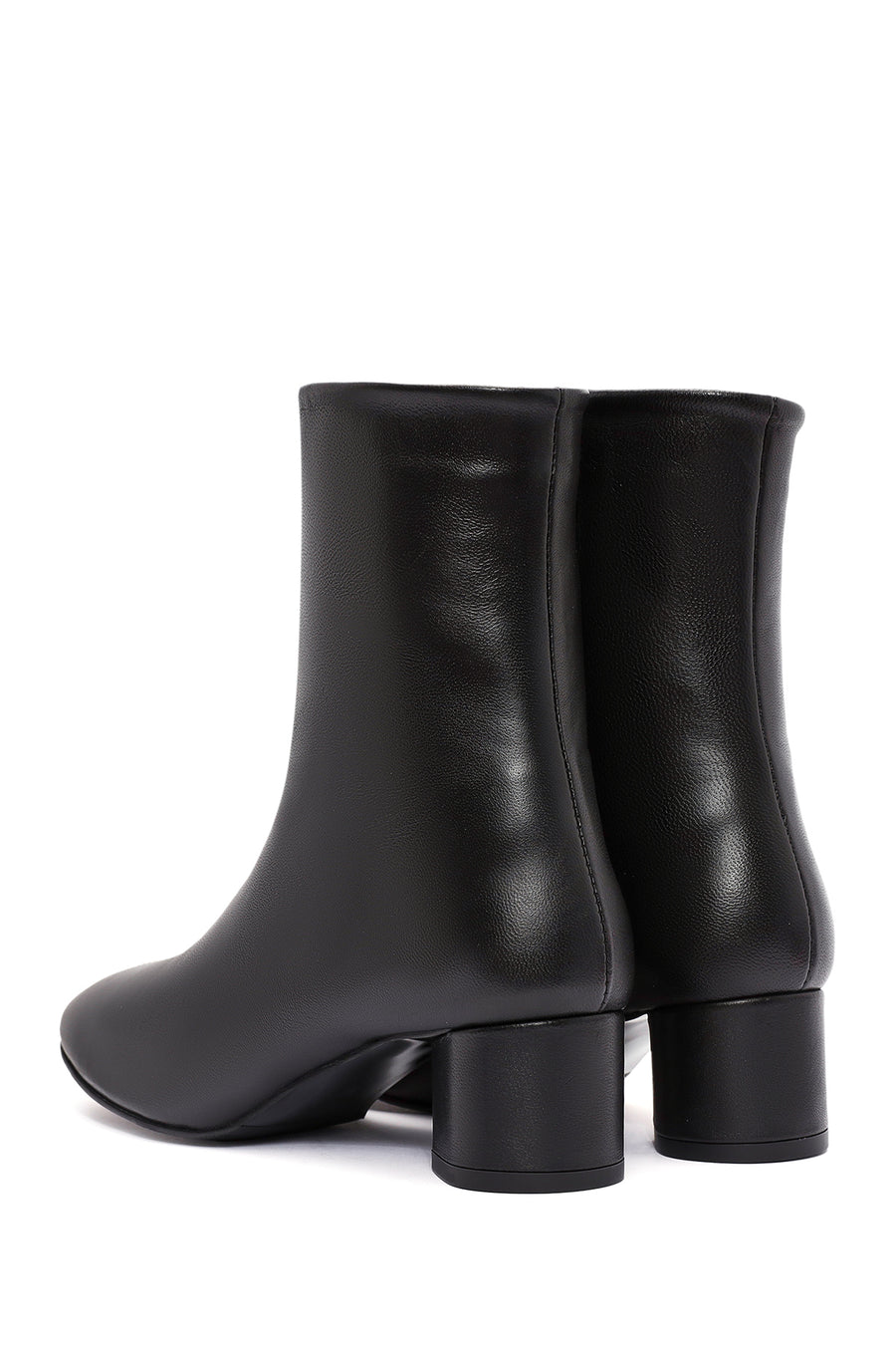 Women's Black Zippered Short Thick Heeled Leather Boots