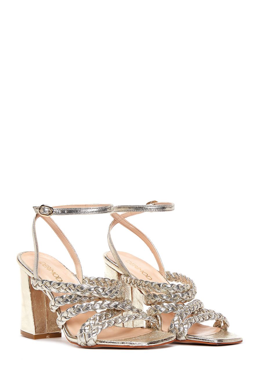 Women's Gold Leather Thick Heeled Sandals