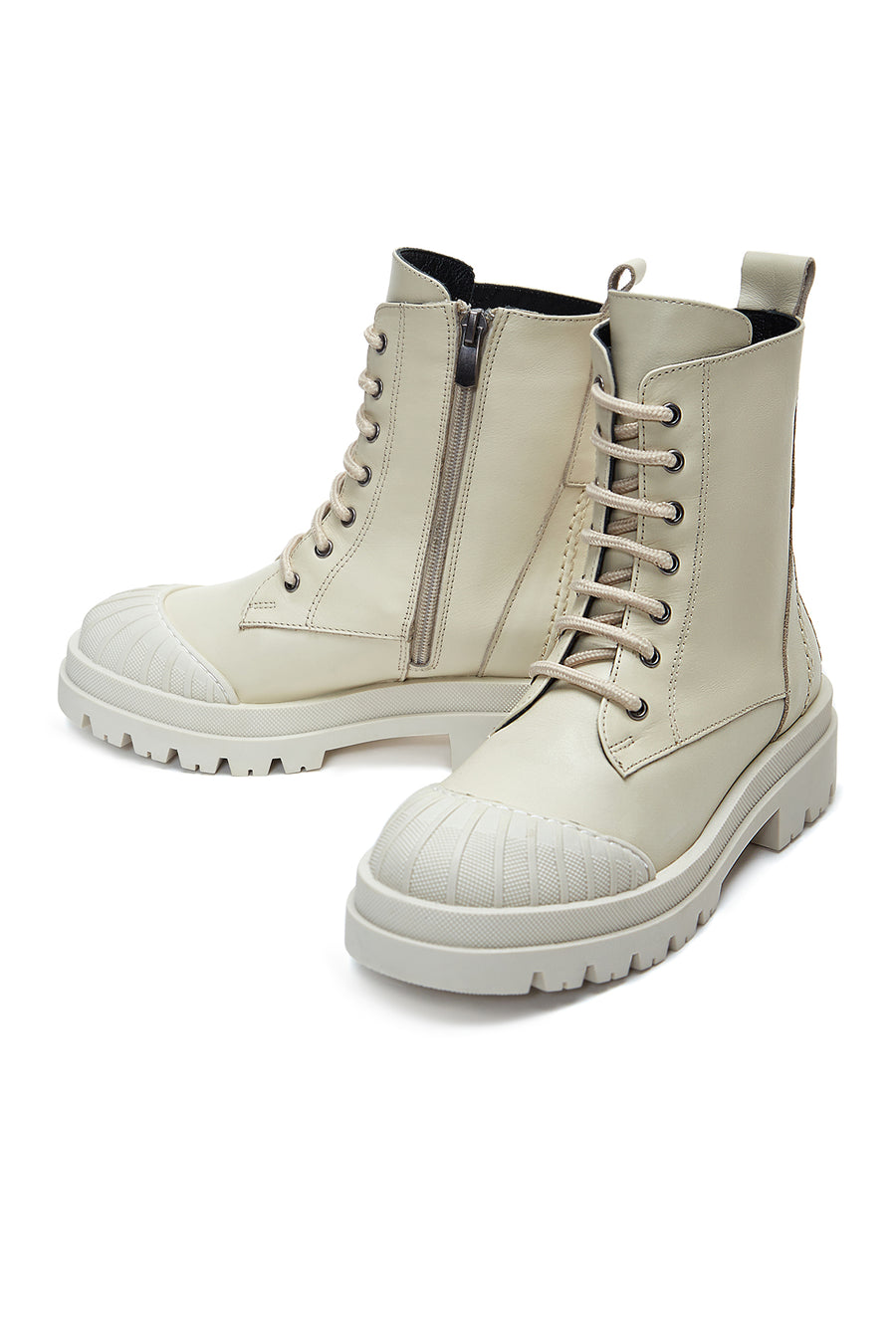 Women's Beige Leather Zippered Boots