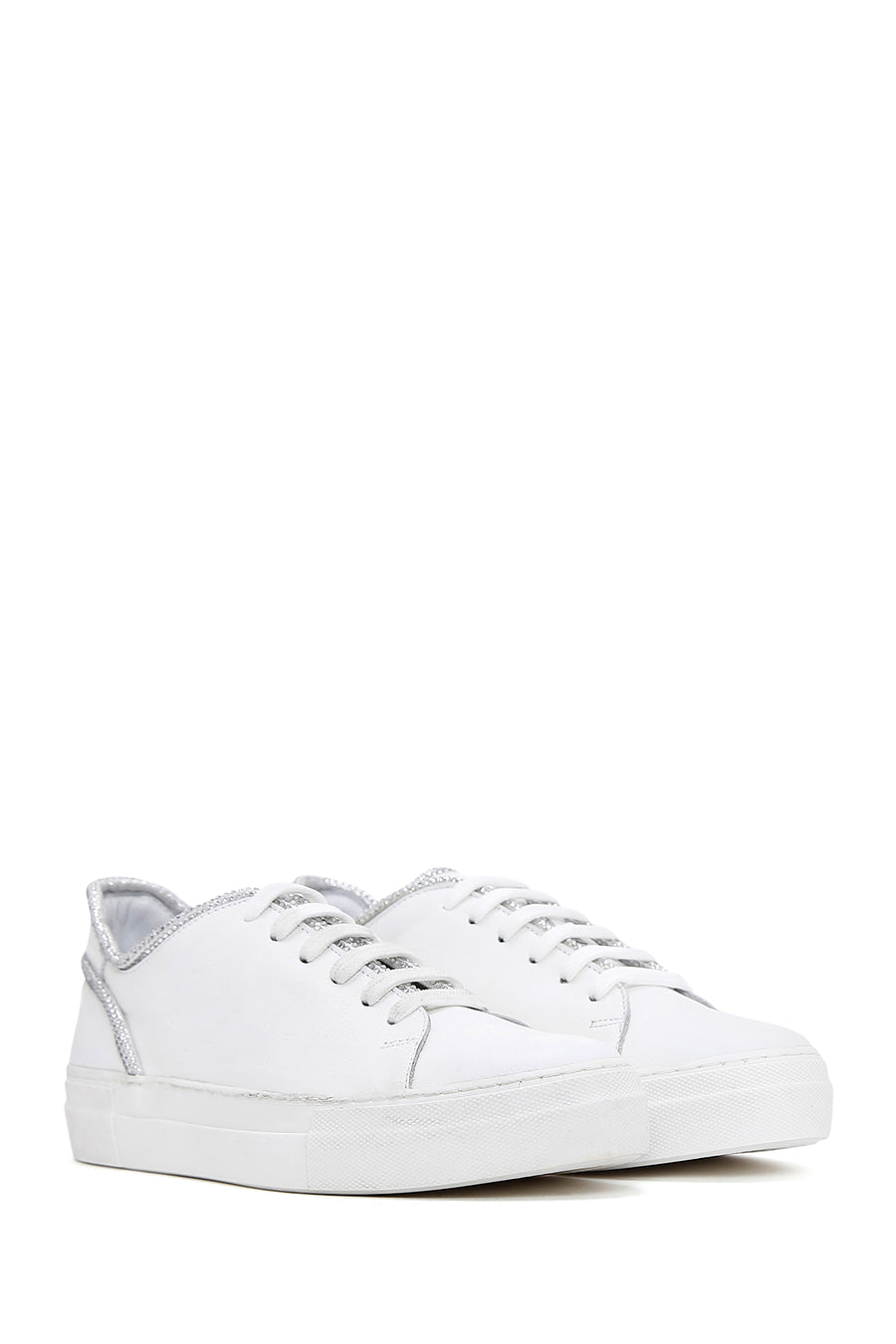 Women's White Lace-Up Stoned Leather Sneakers