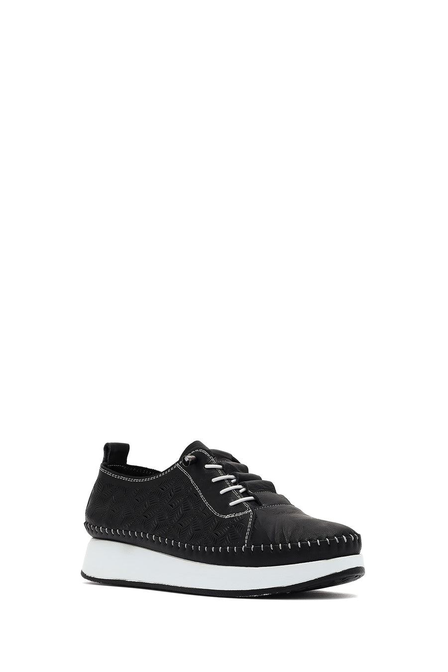Women's Black Thick-Soled Patterned Leather Comfort Shoes