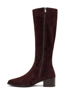 Woman Brown Thick Short-Heeled Zip Closure Suede Leather Boots | Derimod