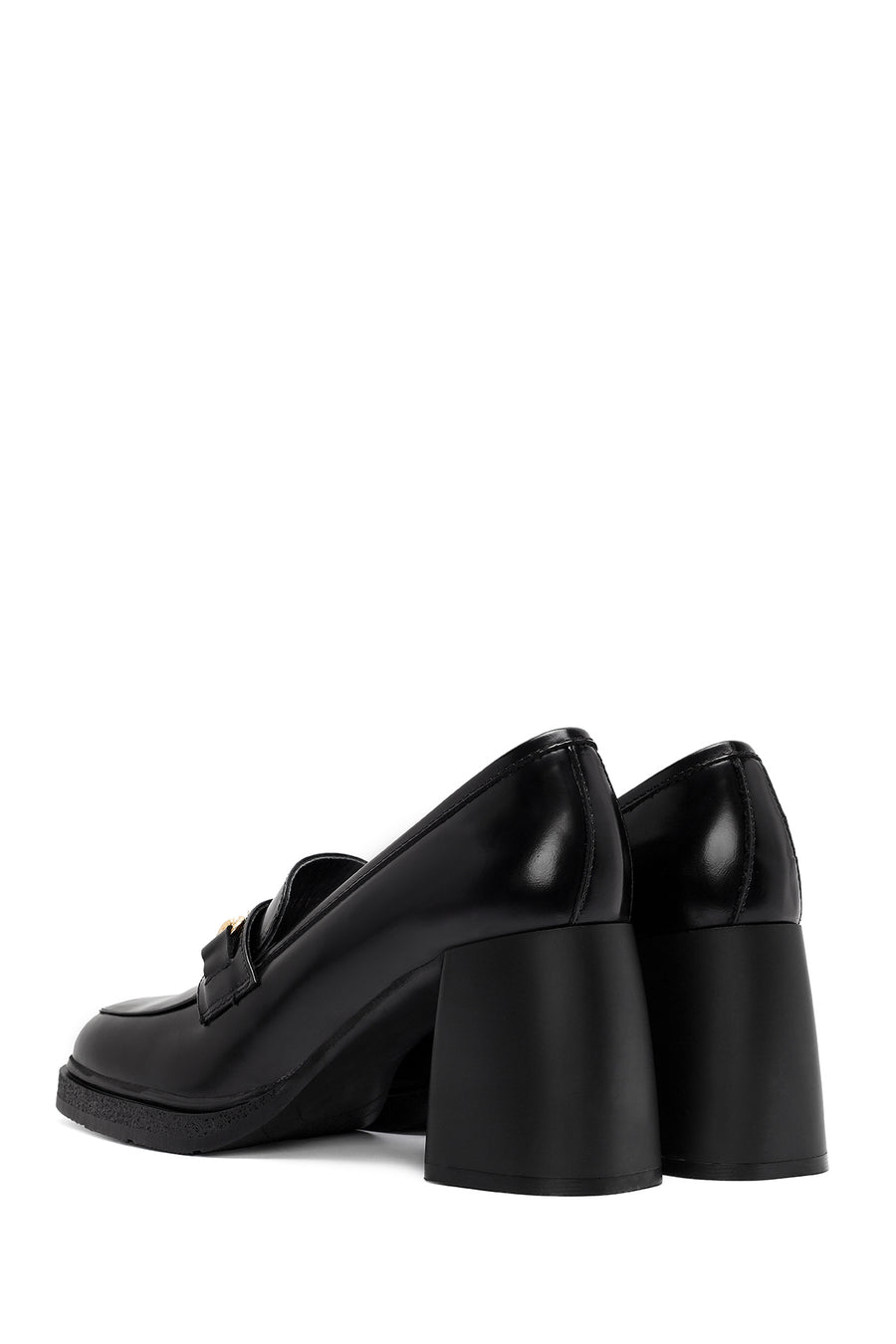 Women's Black Buckle Detailed Thick High Heel Leather Loafer