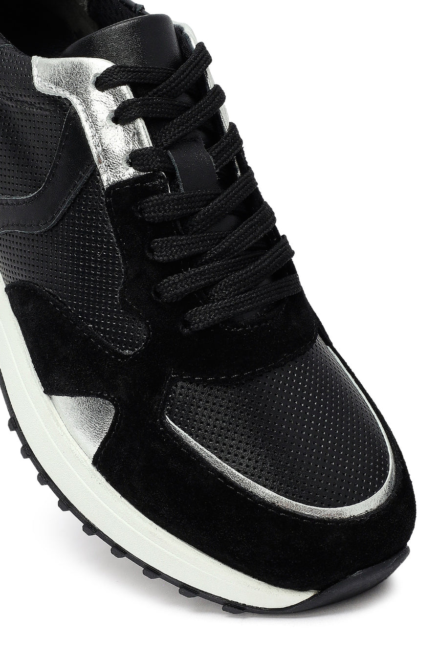 Woman Black Lace-Up Thick Sole Leather Sneakers