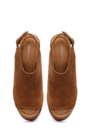 Women's Tan Ankle Buckle Platform High Heel Suede Leather Sandals | Derimod